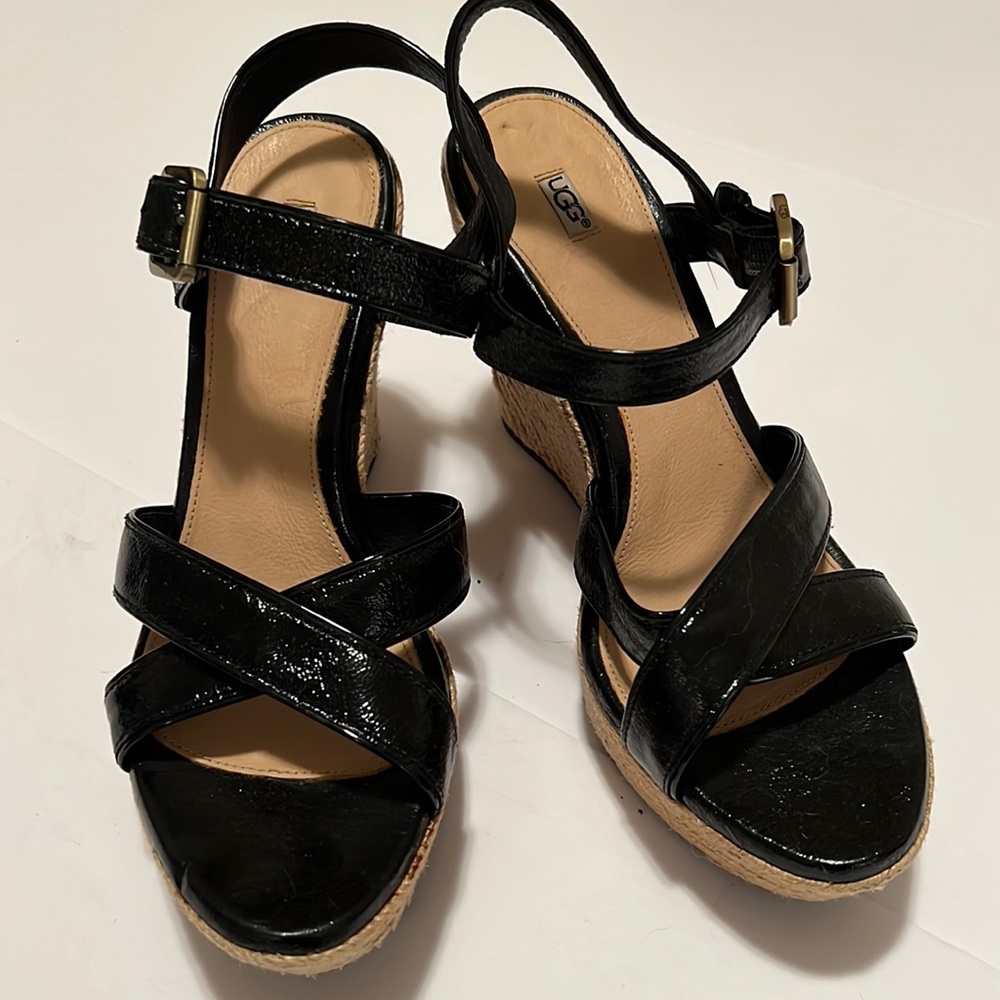 Ugh Black Patent platform espadrille sandals